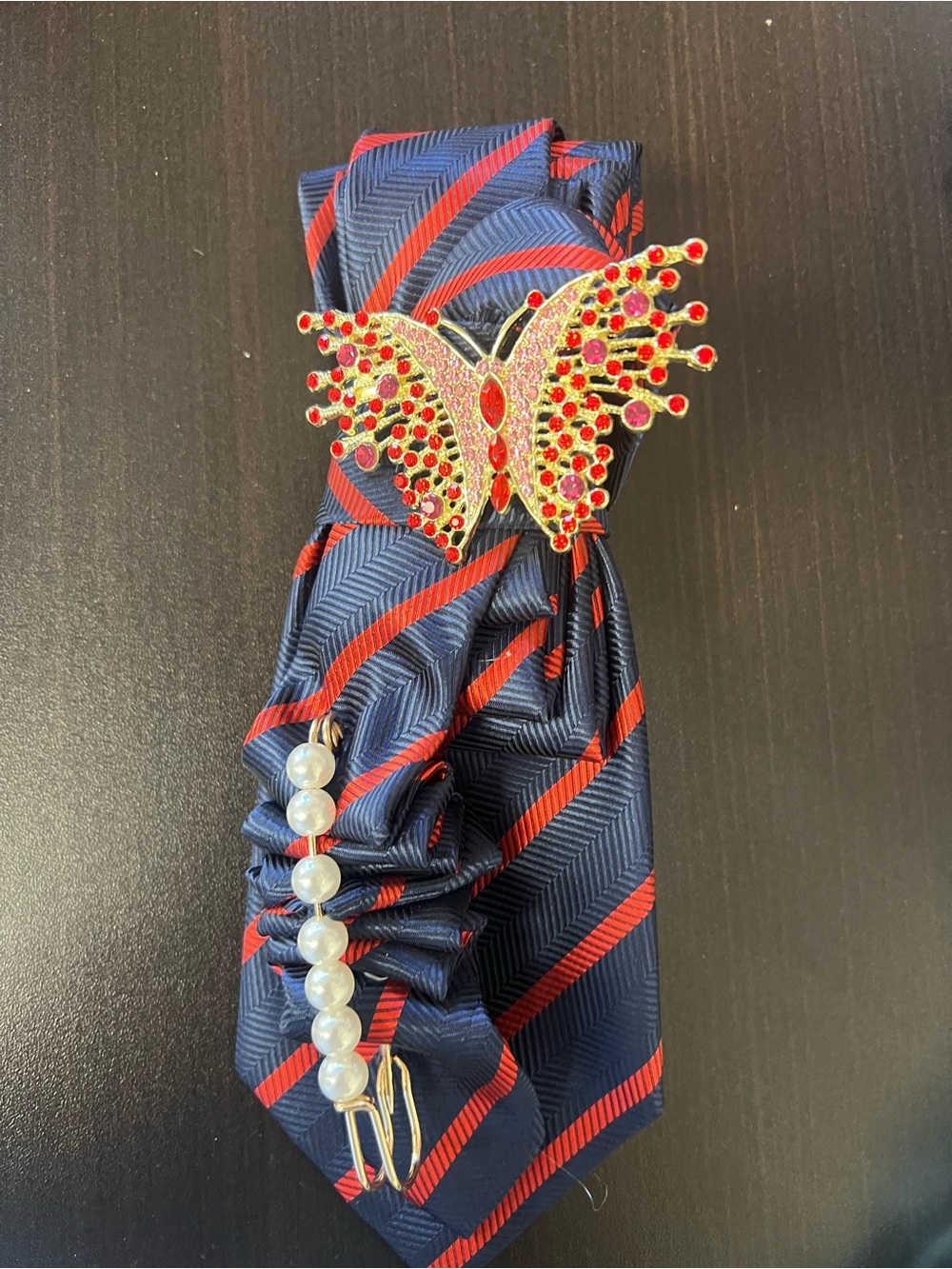 Navy and Red Striped Silk Tie with Butterfly Pin